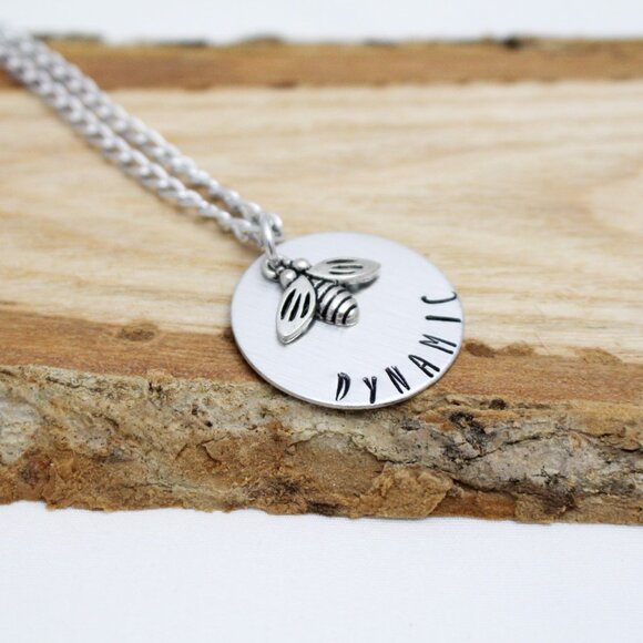 Bee Dynamic Hand Stamped Necklace - 18" Chain - Handmade & Hypoallergenic - Picture 5 of 6